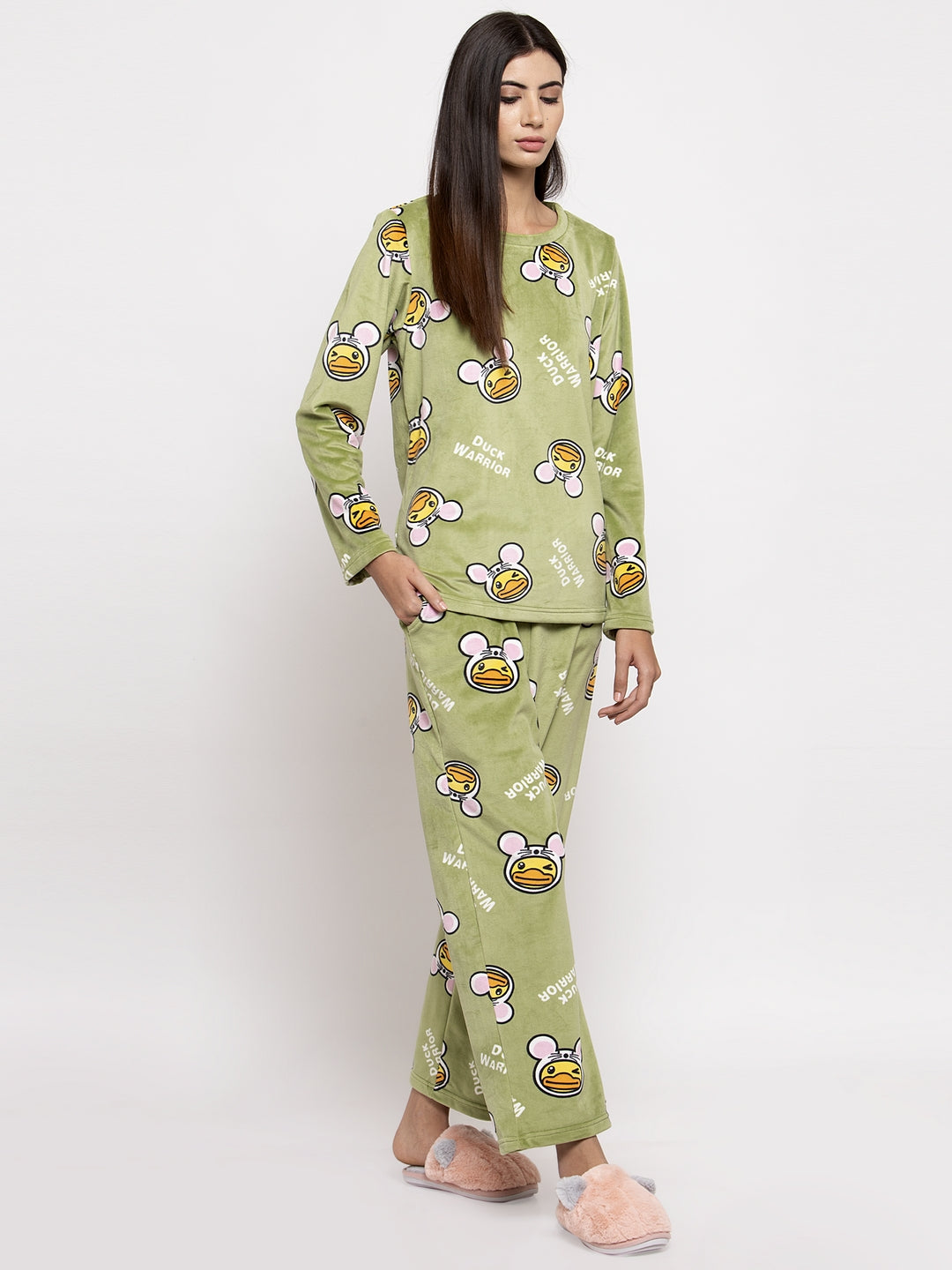 Women Green Printed Round Neck Night Suit