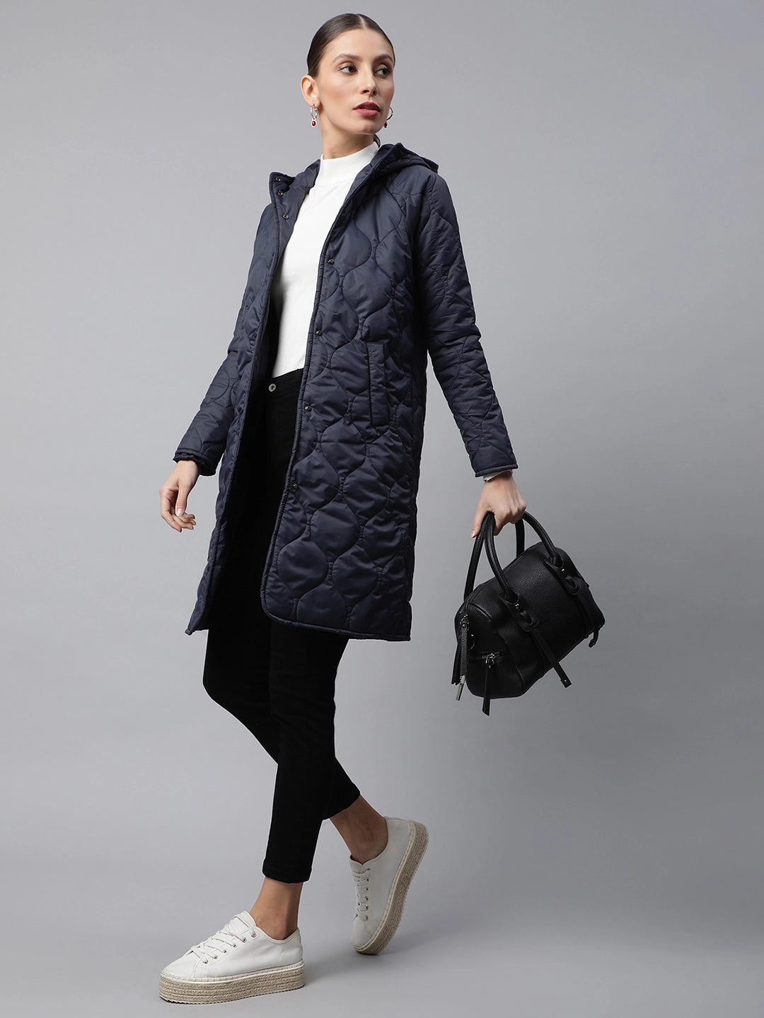 Women Navy Hooded Wavy Puffer Long Jacket