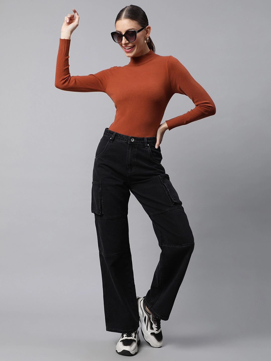 Women Iron Grey Cargo Style Straight Leg Mid Rise Jeans - Global Republic