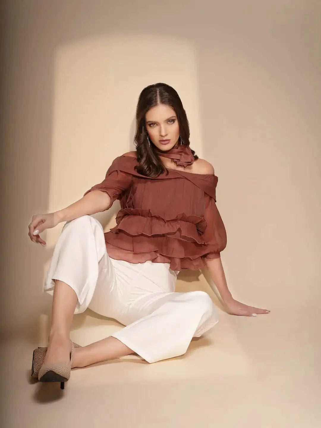 Brown Polyester Off-Shoulder Top