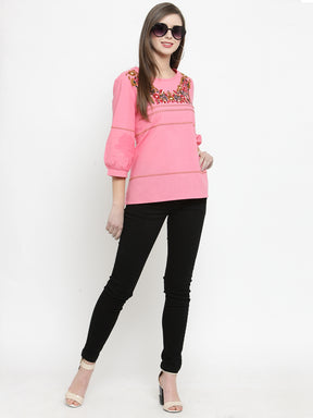 Women Printed Red Round Neck Top