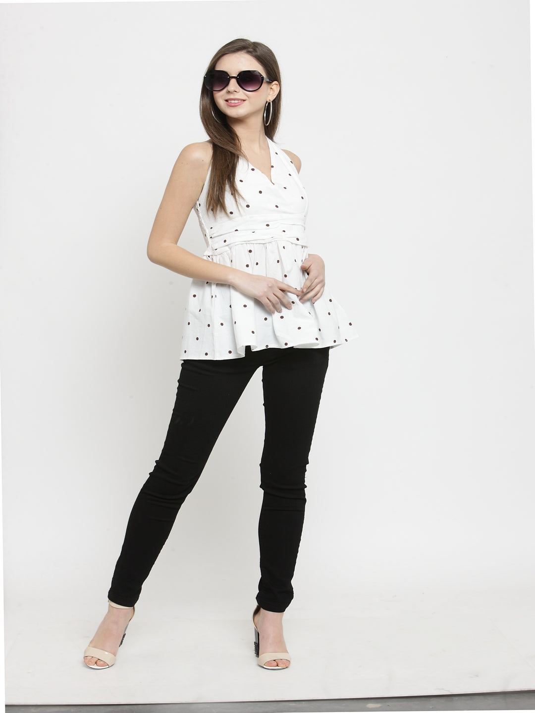 Women White Printed Top With Plunged Neckline