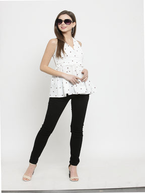 Women White Printed Top With Plunged Neckline