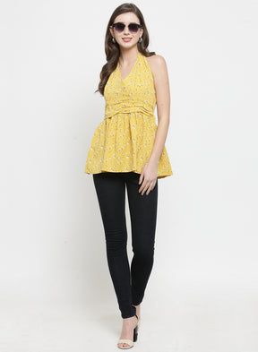 Women Yellow Printed Top With Plunged Neckline