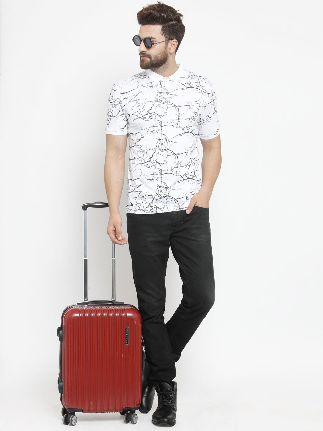 Men White Marble Printed Polo T-Shirt