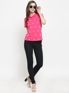 Women Pink Printed Collar Regular Fit T-Shirts