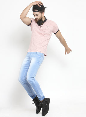 Men Pink Abstract Mini Lines Polo T-Shirt