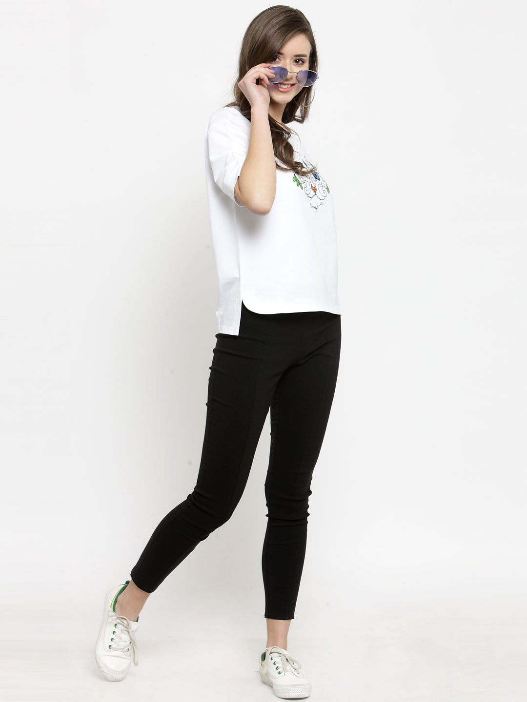 Women White Printed Round Neck Regular Fit T-Shirts