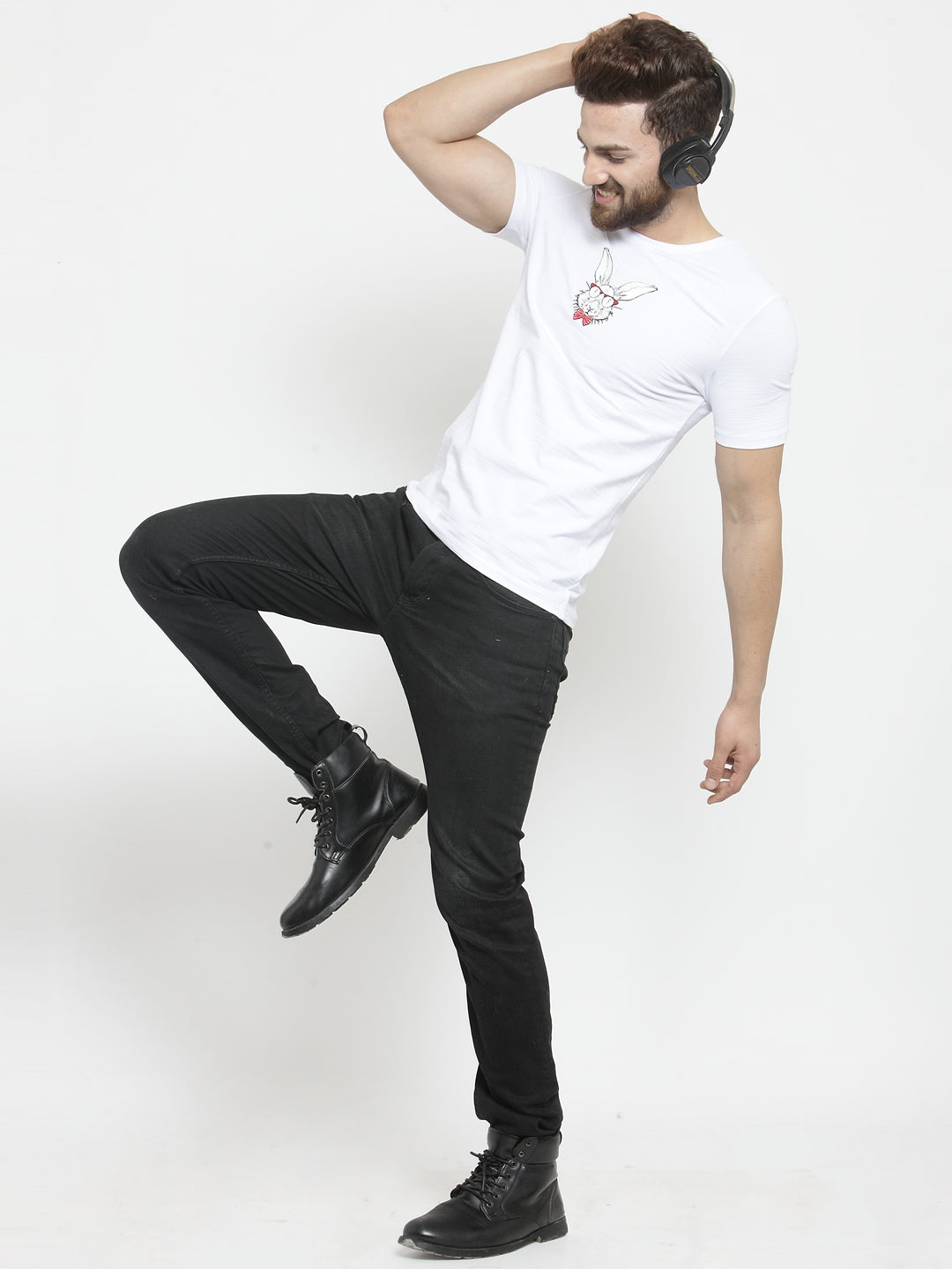 Men Nerd Bunny Animation Printed White T-Shirt