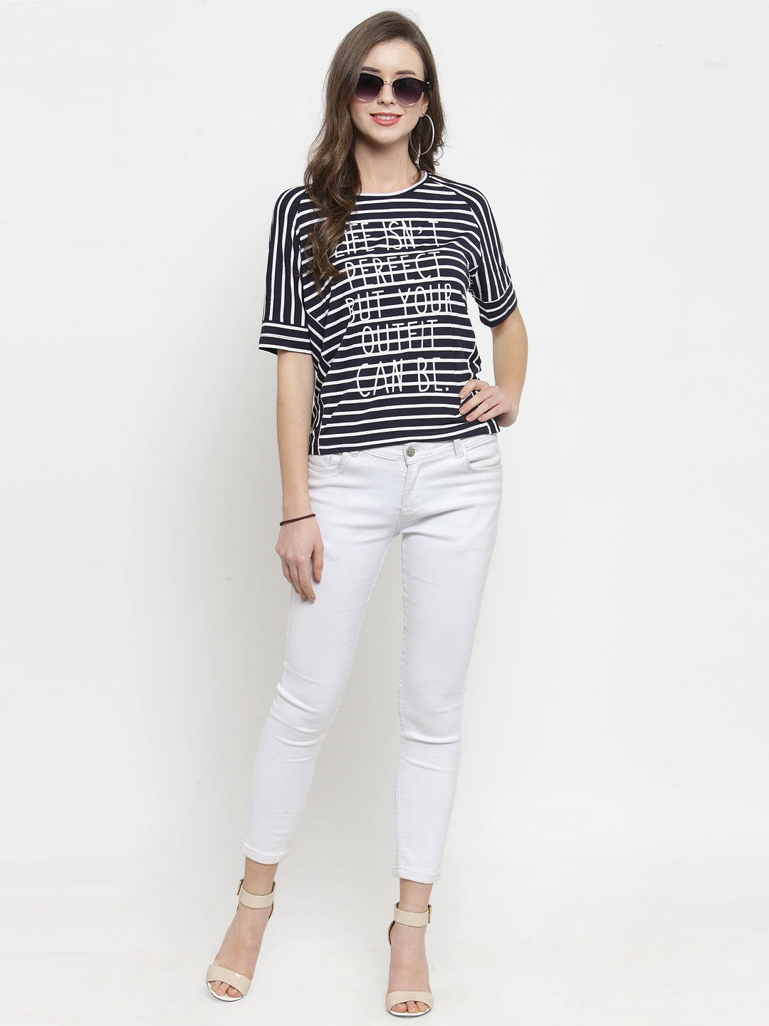 Women Navy Blue Striped Round Neck Regular Fit T-Shirts
