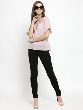 Women Pink Solid Round Embroidered Neck Top