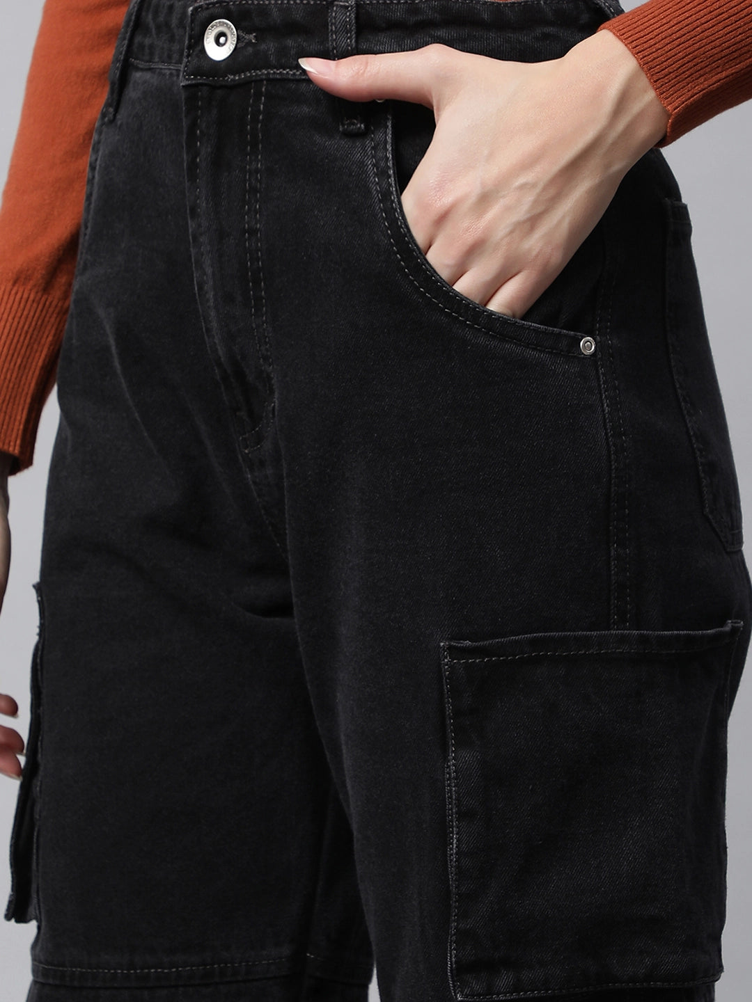 Women Iron Grey Cargo Style Straight Leg Mid Rise Jeans - Global Republic