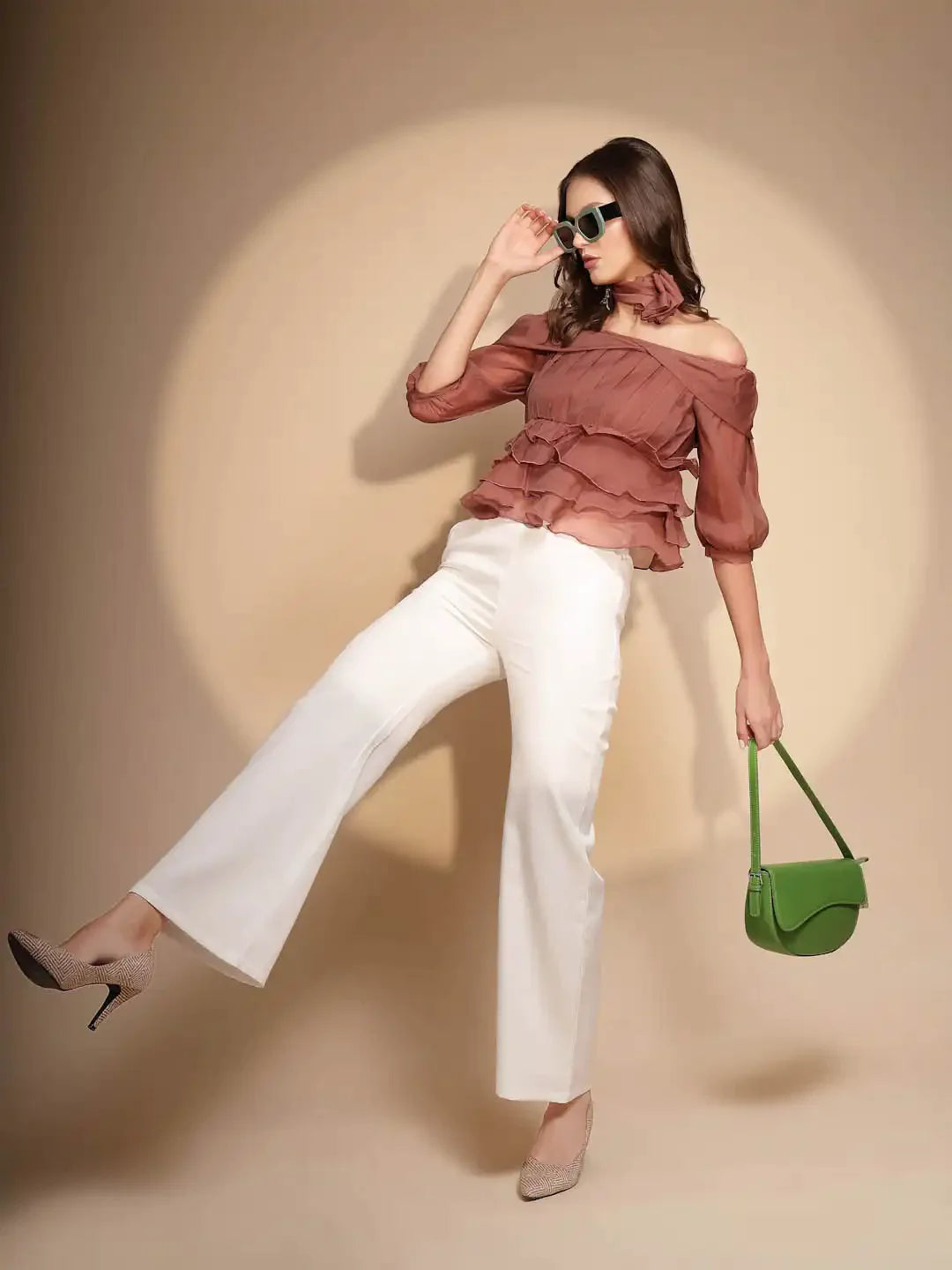 Brown Polyester Off-Shoulder Top