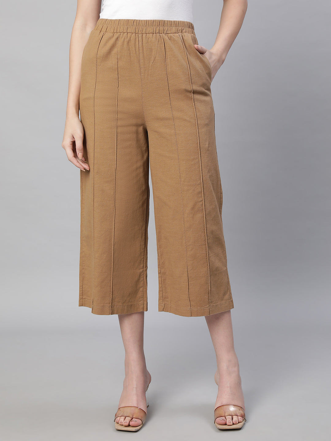 women caramel cotton linen solid lower