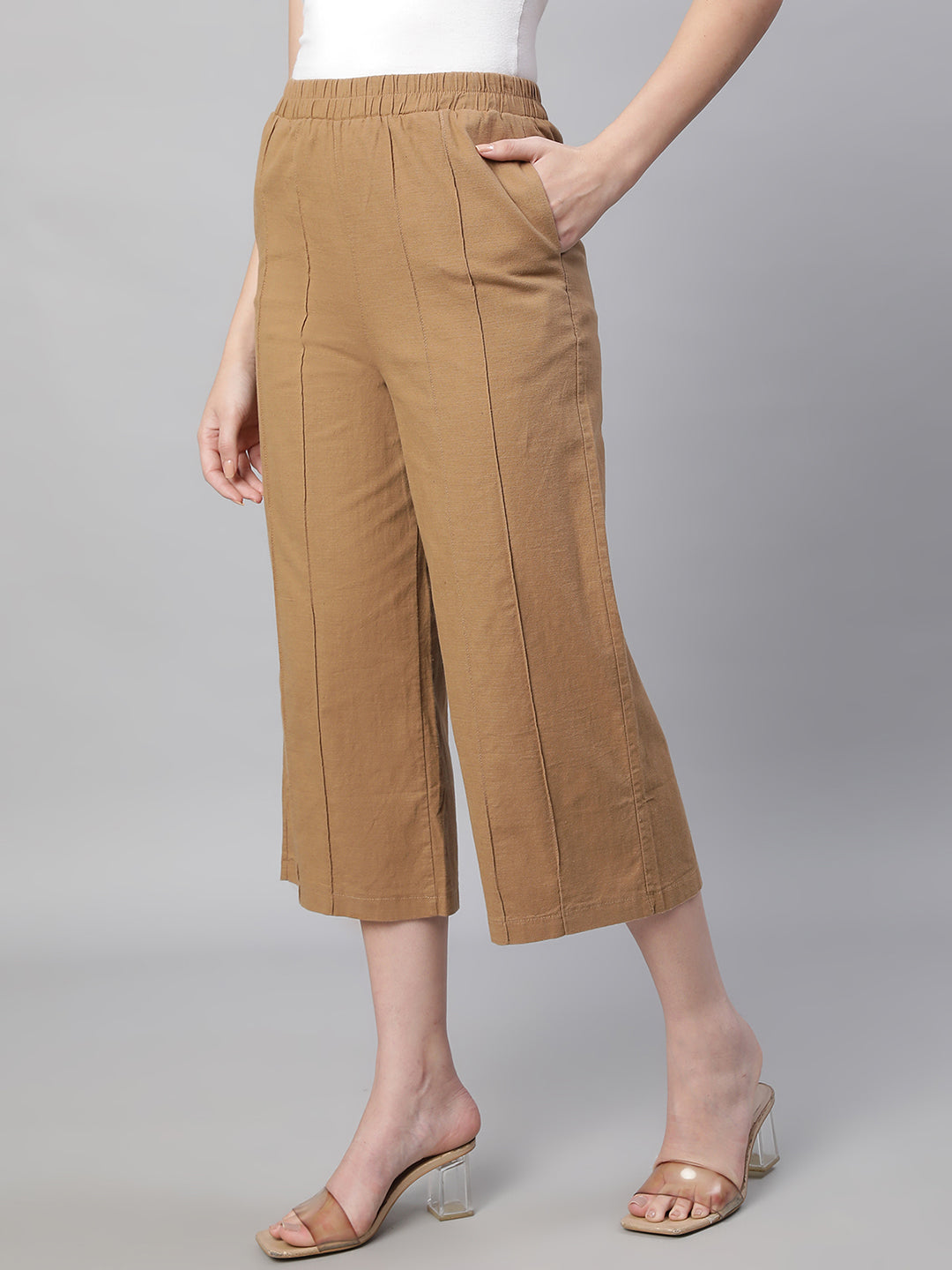 women caramel cotton linen solid lower