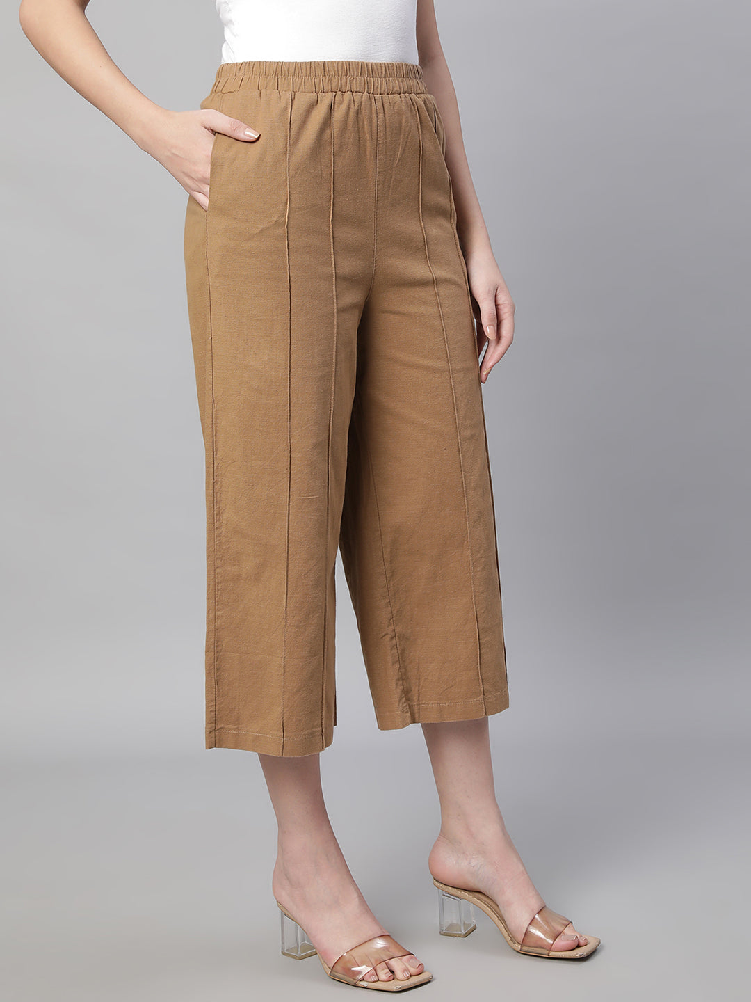 women caramel cotton linen solid lower