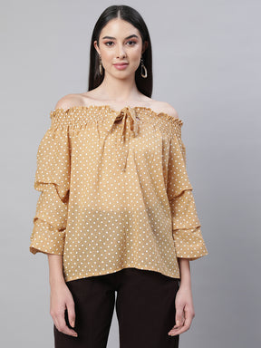 women yellow off shoulder printed blouse