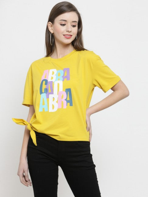 Women Printed Mustard Knot Round Neck Regular Fit T-Shirts