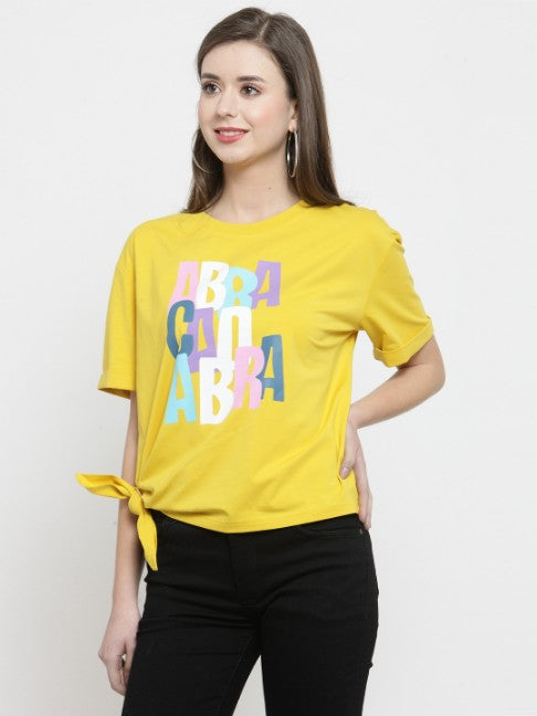 Women Printed Mustard Knot Round Neck Regular Fit T-Shirts