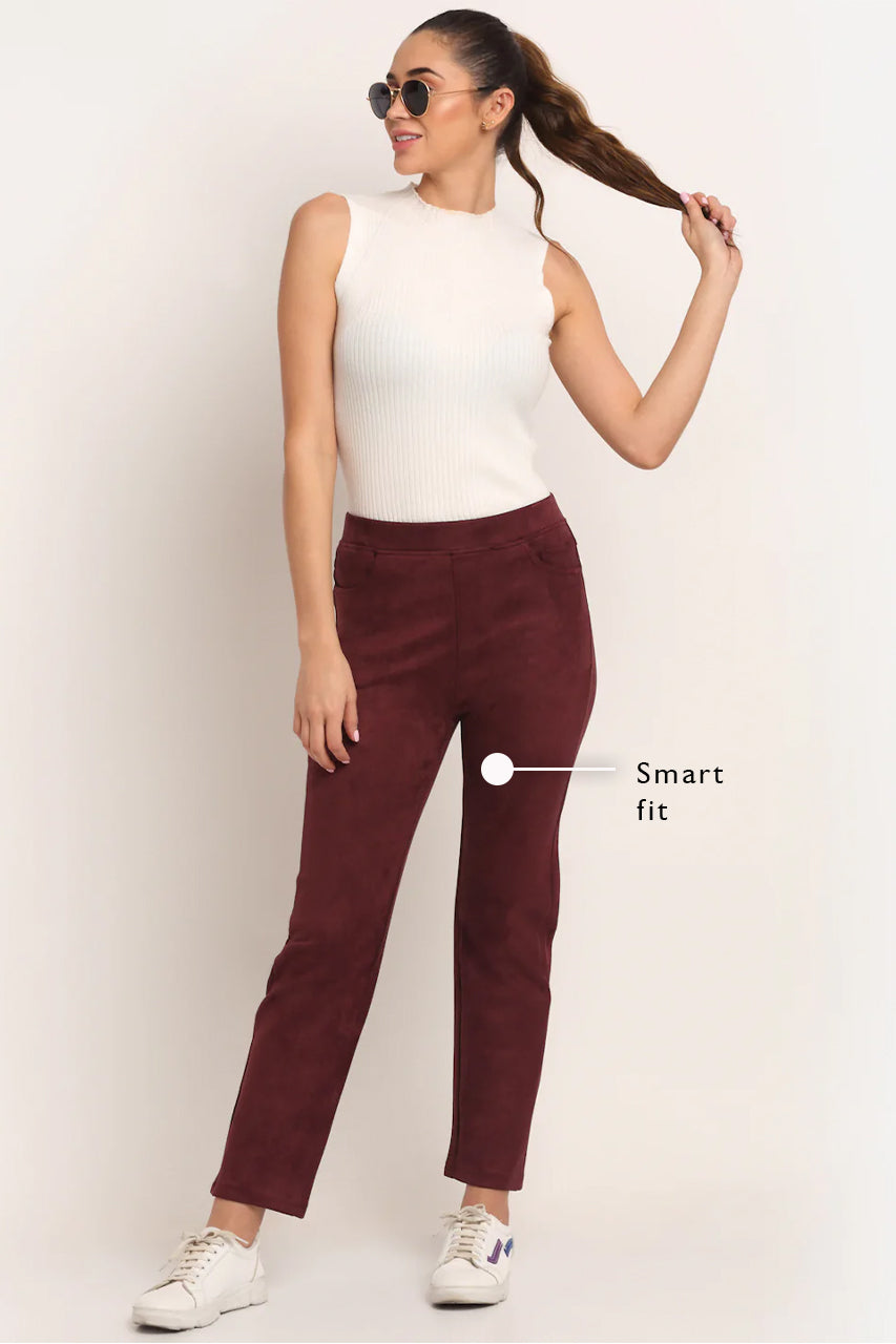 Ankle-Length Solid Maroon Suede Jegging