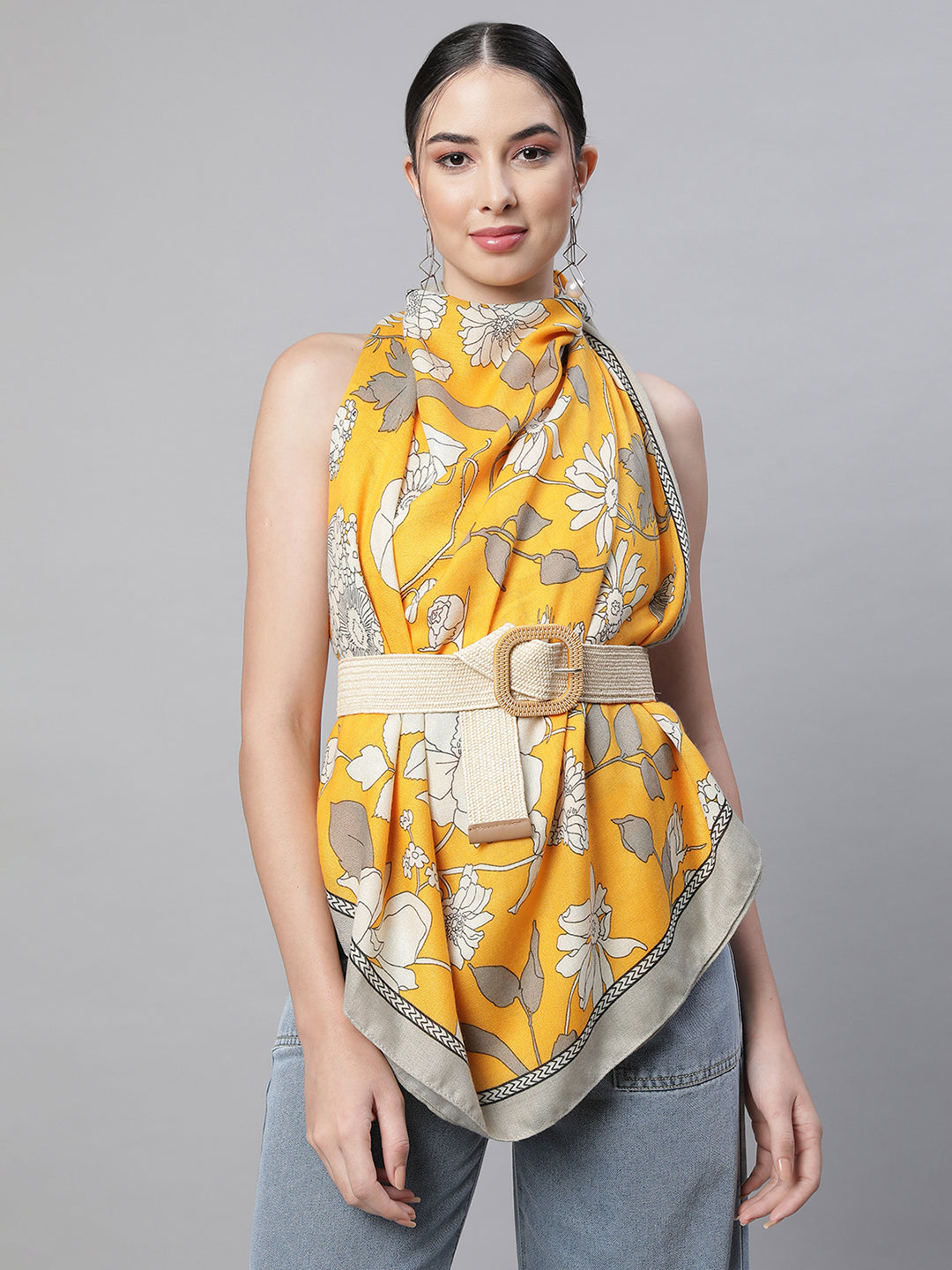 Women Malta Orange Floral Printed Stole