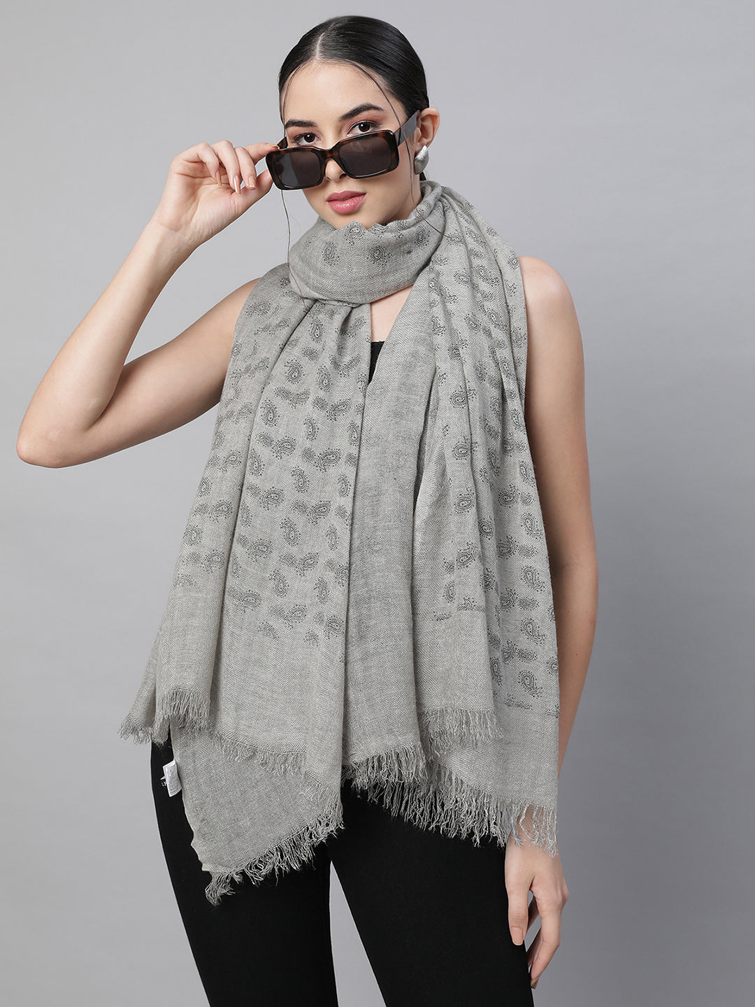 Women Grey Printed Free Size Stole