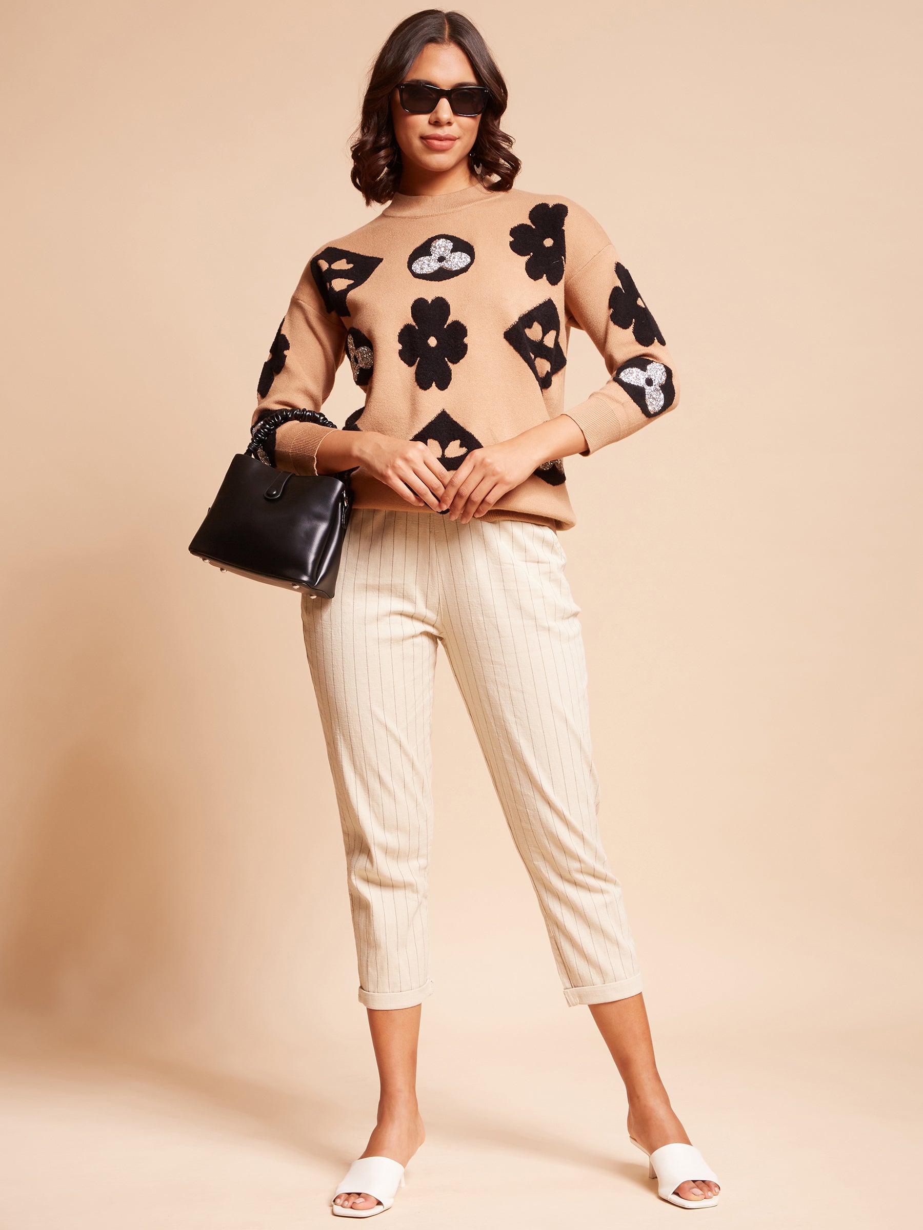  Full Sleeves Caramel Jacquard Regular Fit Polyester Pullover
