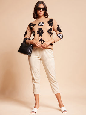  Full Sleeves Caramel Jacquard Regular Fit Polyester Pullover
