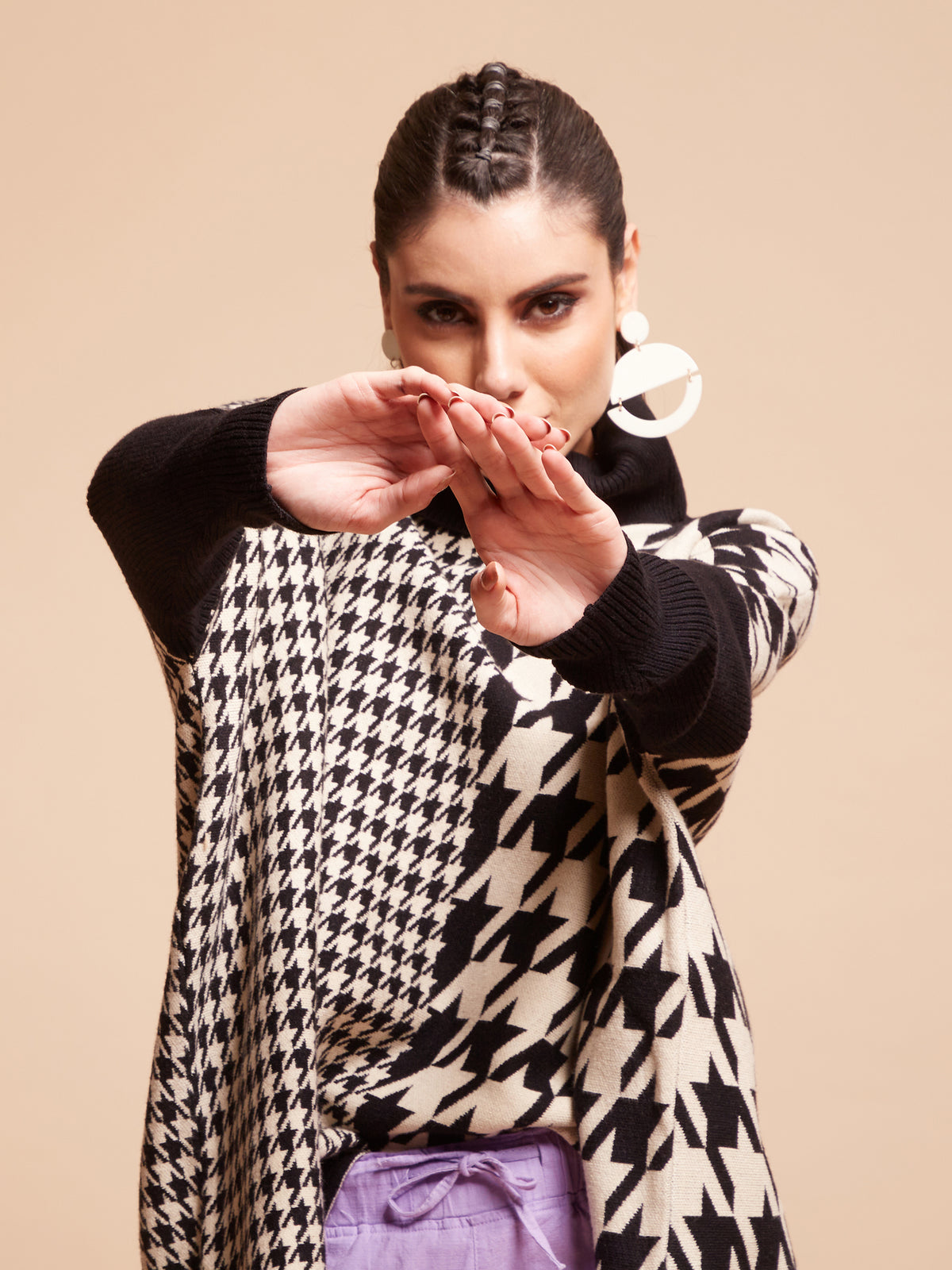 Women High Neck Drop-Shoulder Black Jacquard Loose Fit Pullover