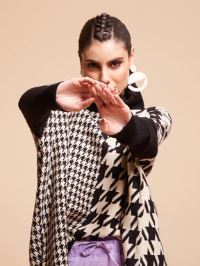 Women High Neck Drop-Shoulder Black Jacquard Loose Fit Pullover