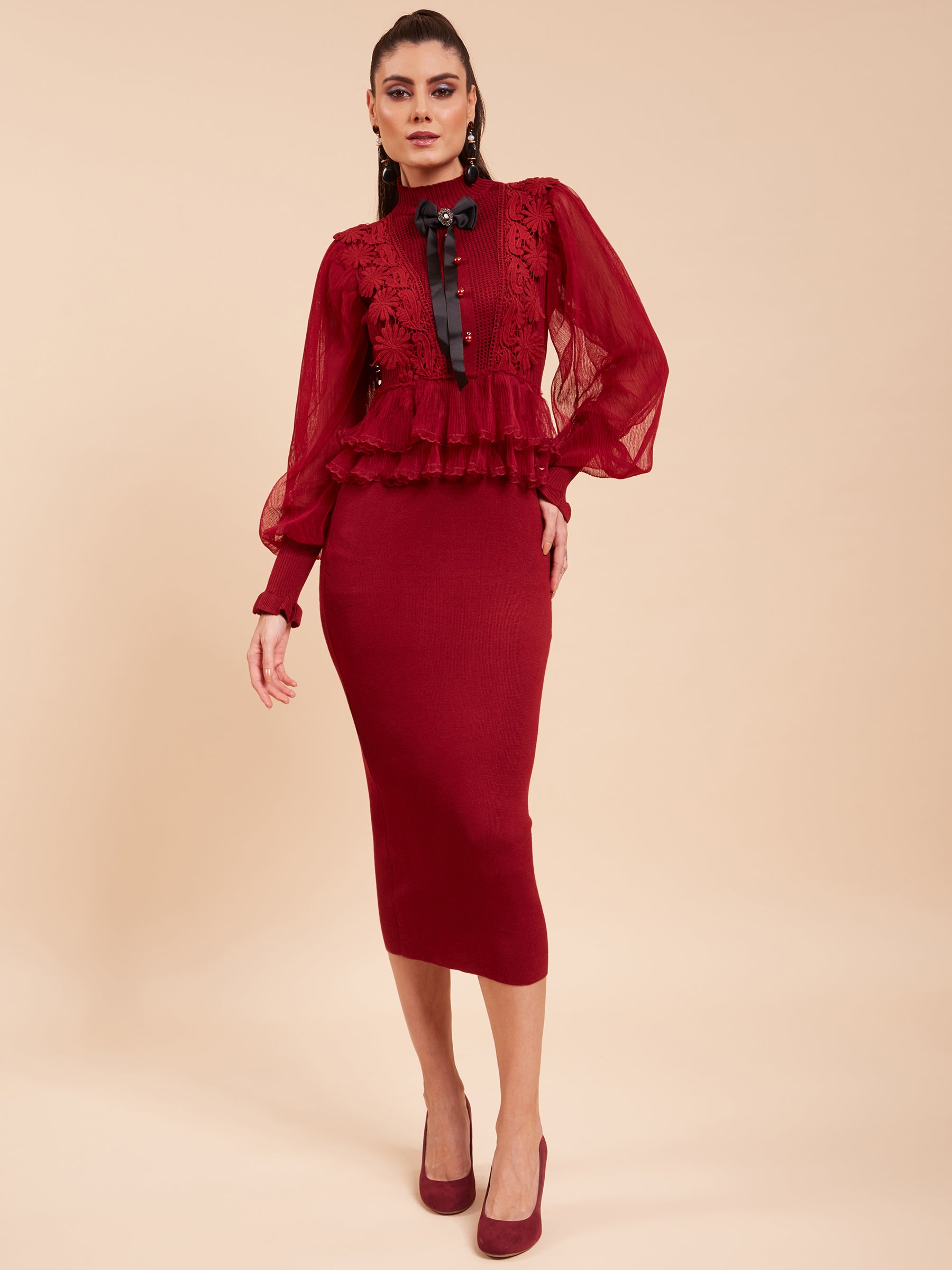 Women Turtle Neck Ruffled Full Sleeves Wine Solid Regular Fit Viscose Dress - Global Republic
