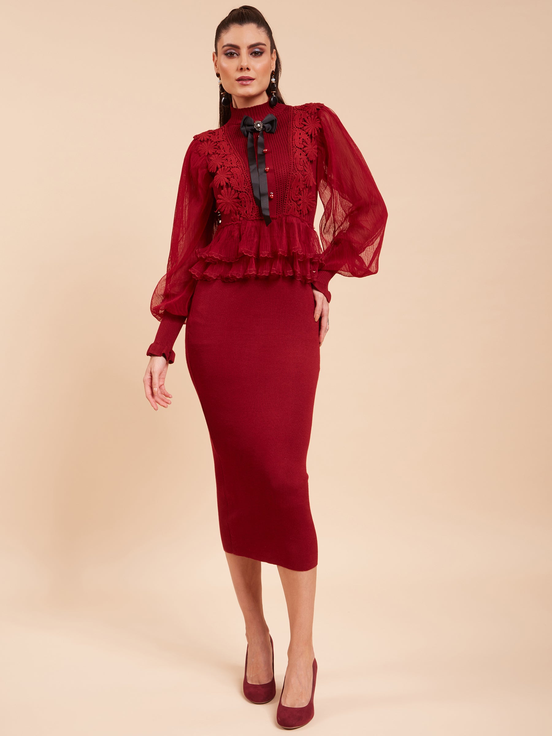 Women Turtle Neck Ruffled Full Sleeves Wine Solid Regular Fit Viscose Dress