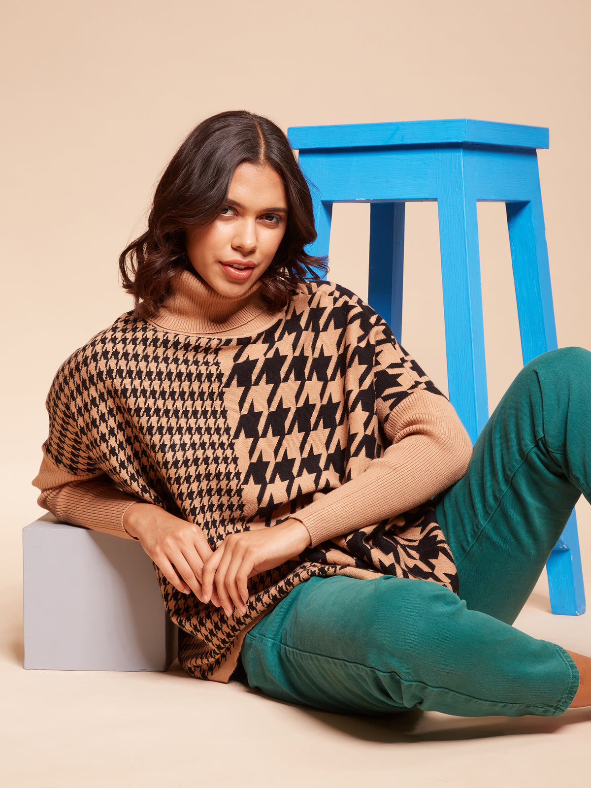 Women High Neck Drop-Shoulder Full Sleeves Caramel Jacquard Loose Fit Knitted Pullover