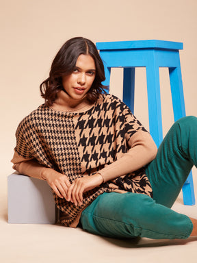Women High Neck Drop-Shoulder Full Sleeves Caramel Jacquard Loose Fit Knitted Pullover