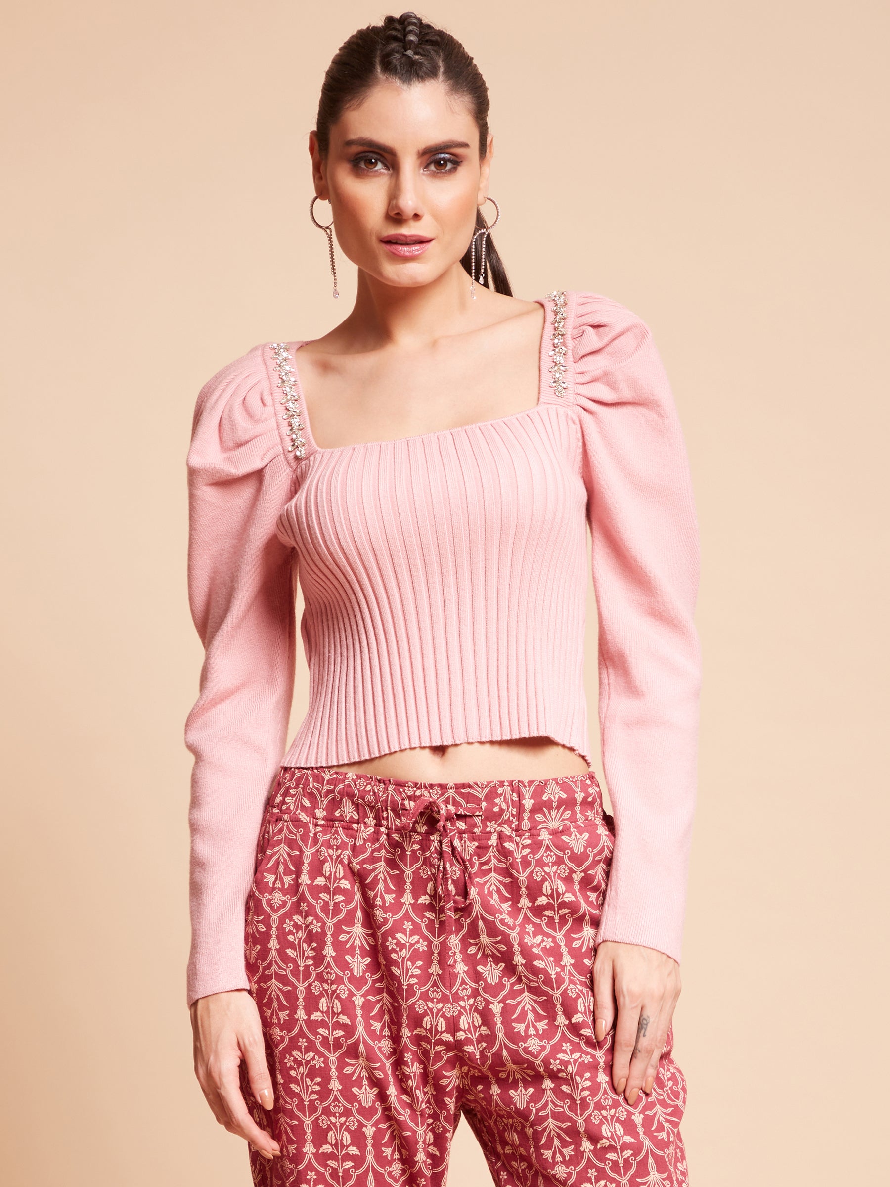 Women Square Neck Pink Ribbed Slim Fit Viscose Pullover