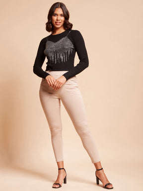 Women Round Neck Black Embellished Slim Fit Pullover