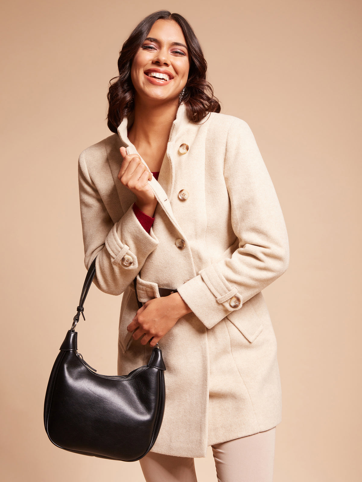 Women Lapel Collar Sleeve Epaulettes Full Sleeves Beige Solid Regular Fit Acrylic Coat