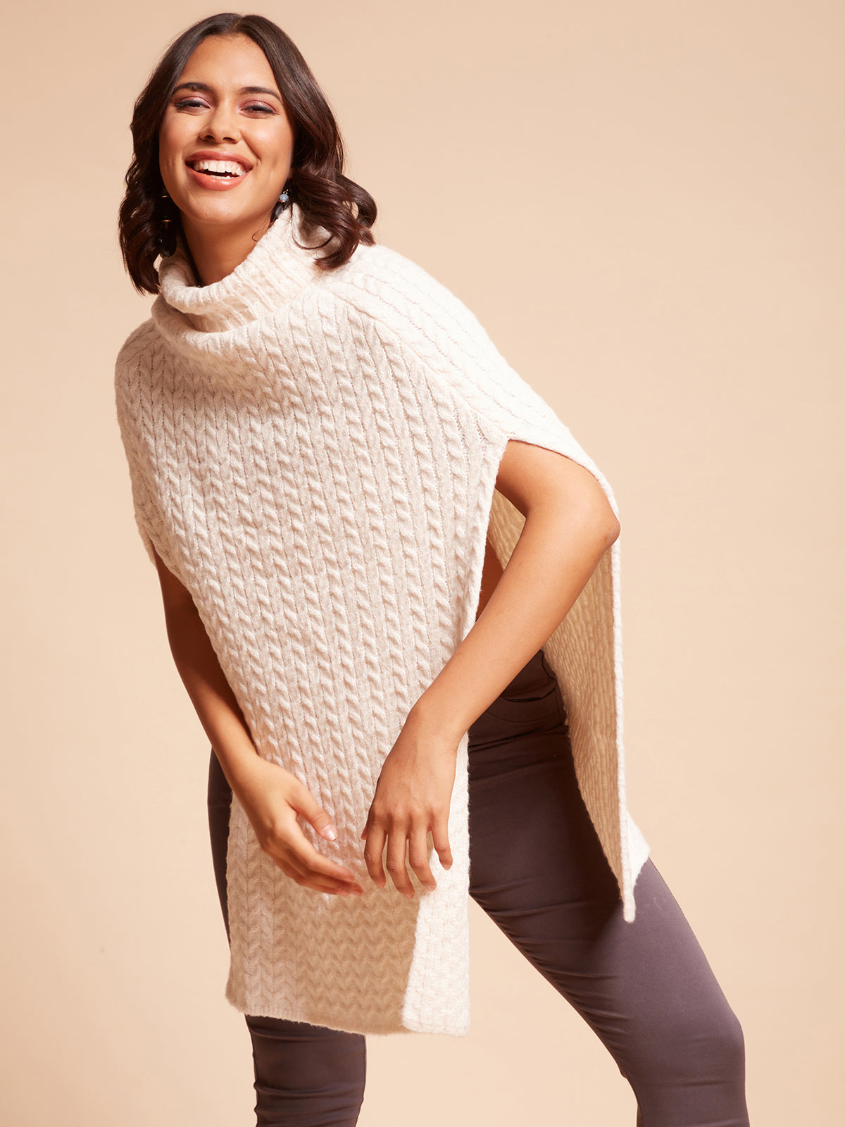 Women Turtle Neck Mock-Sleeves Off White Textured Loose Fit Acrylic Ponchu