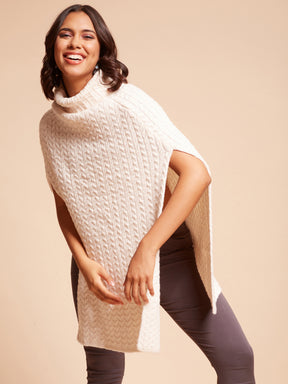 Women Turtle Neck Mock-Sleeves Off White Textured Loose Fit Acrylic Ponchu