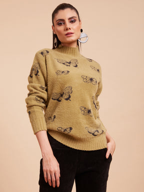 Buy Online Women Green Jacquard Knitted Butterfly Pullover