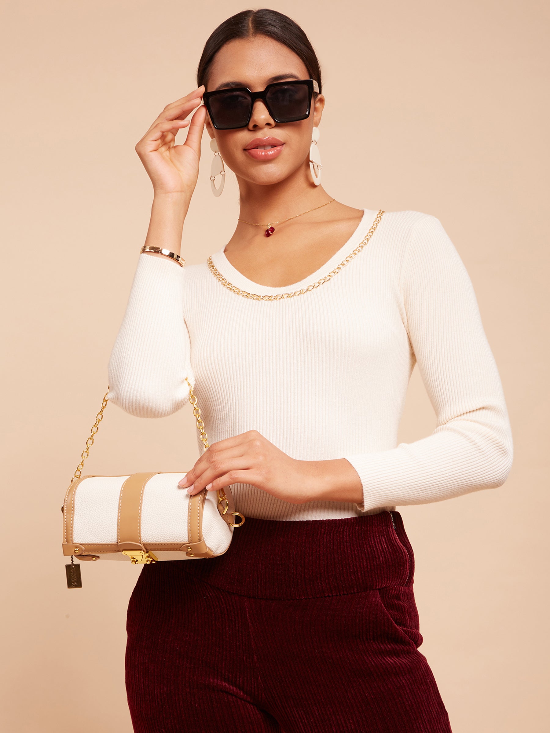 Women Round Neck Ribbed Hem Full Sleeves 