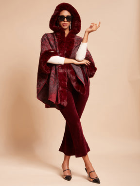 Women Hooded Flared Quarter Sleeves Maroon Printed Loose Fit Acrylic Cape