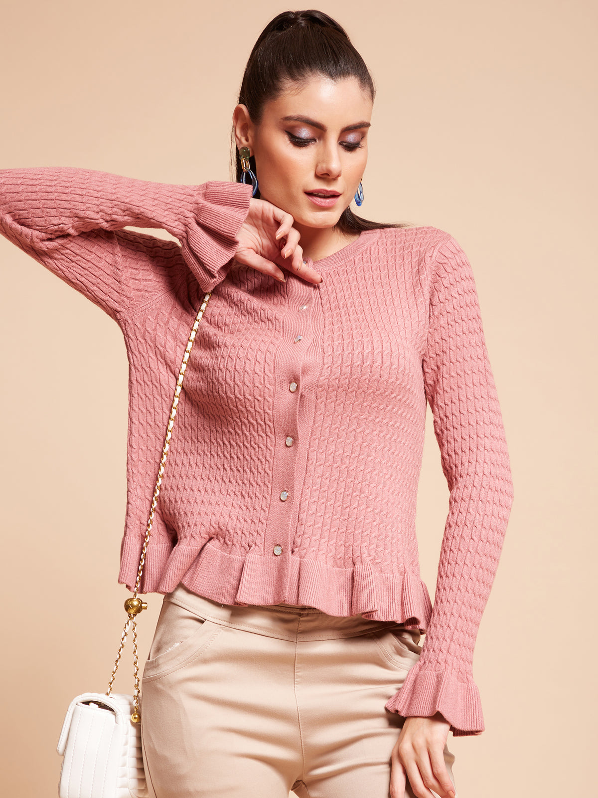 Women Round Neck Ruffled Hem Sleeves Full Sleeves Dark Pink Textured Regular Fit Knitted Cardigan