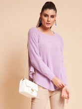 Women Round Neck Dolman Lilac Embellished Flared Fit Knitted Pullover