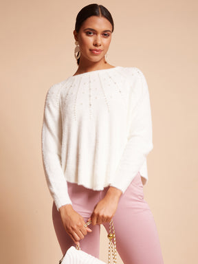 Women Oval Neck Off White Embellished Flared Fit Knitted Pullover