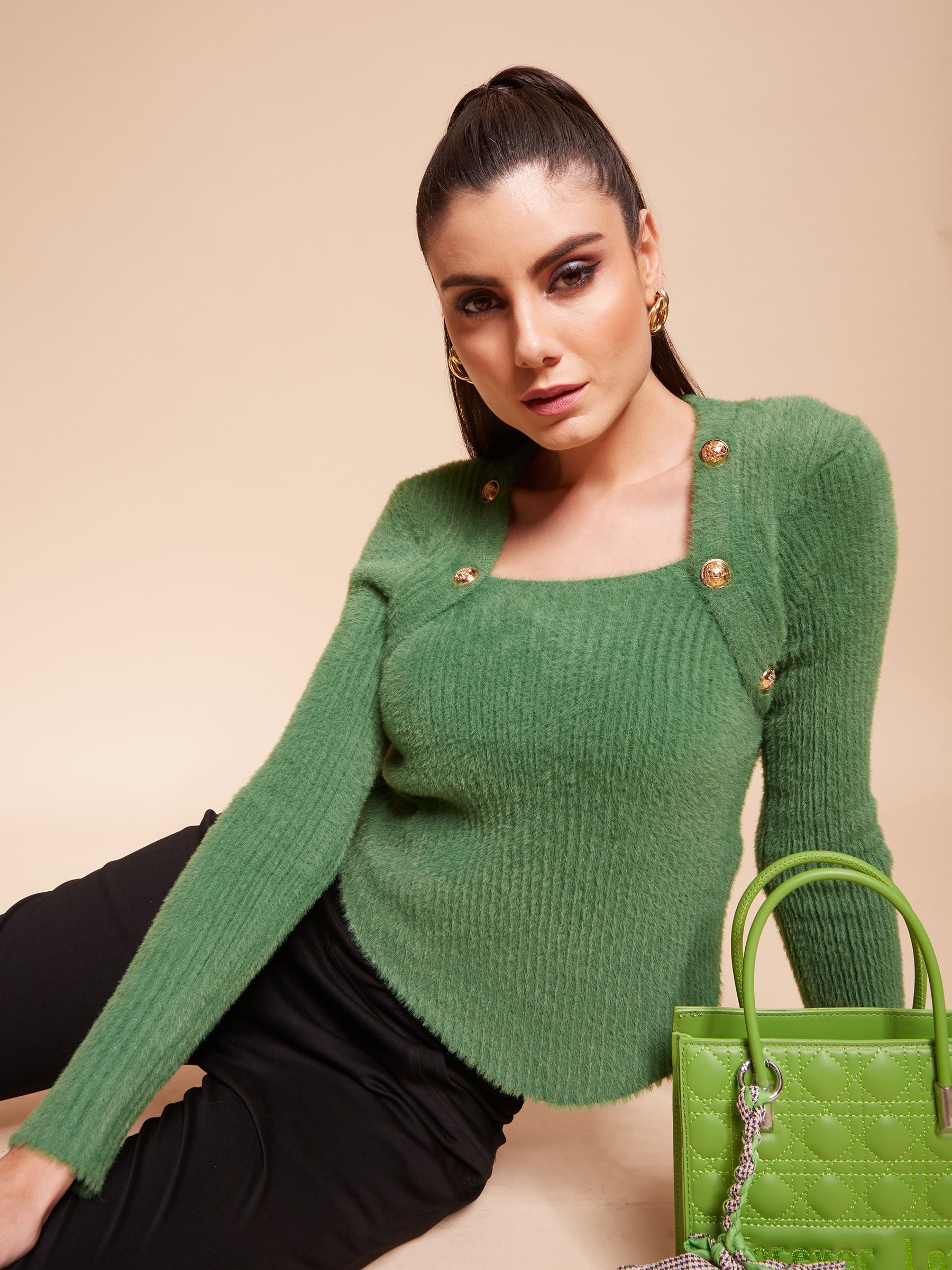 Women Square Neck Ribbed Full Sleeves Fern Regular Fit Pullover