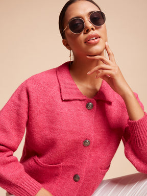 Women Spread Collar Raglan Full Sleeves Rose Solid Regular Fit Polyester Pullover