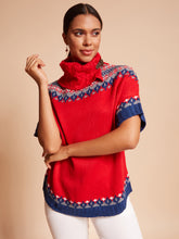 Women Open Turtle Neck Loose Half Sleeves Red Jacquard Loose Fit Acrylic Ponchu