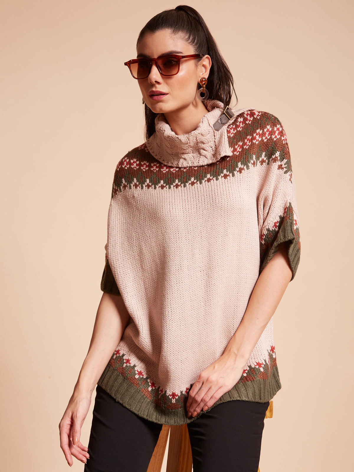 Women Open Turtle Neck Loose Half Sleeves Beige Jacquard Loose Fit Acrylic Ponchu