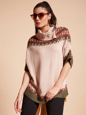 Women Open Turtle Neck Loose Half Sleeves Beige Jacquard Loose Fit Acrylic Ponchu